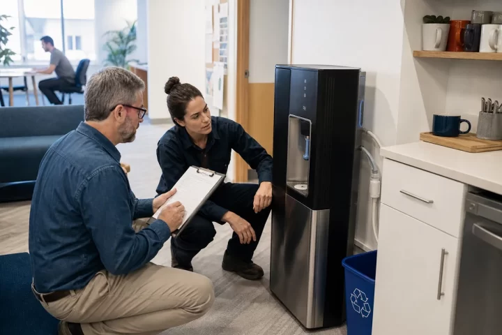 Facilities manager and technician evaluating a bottleless office water cooler