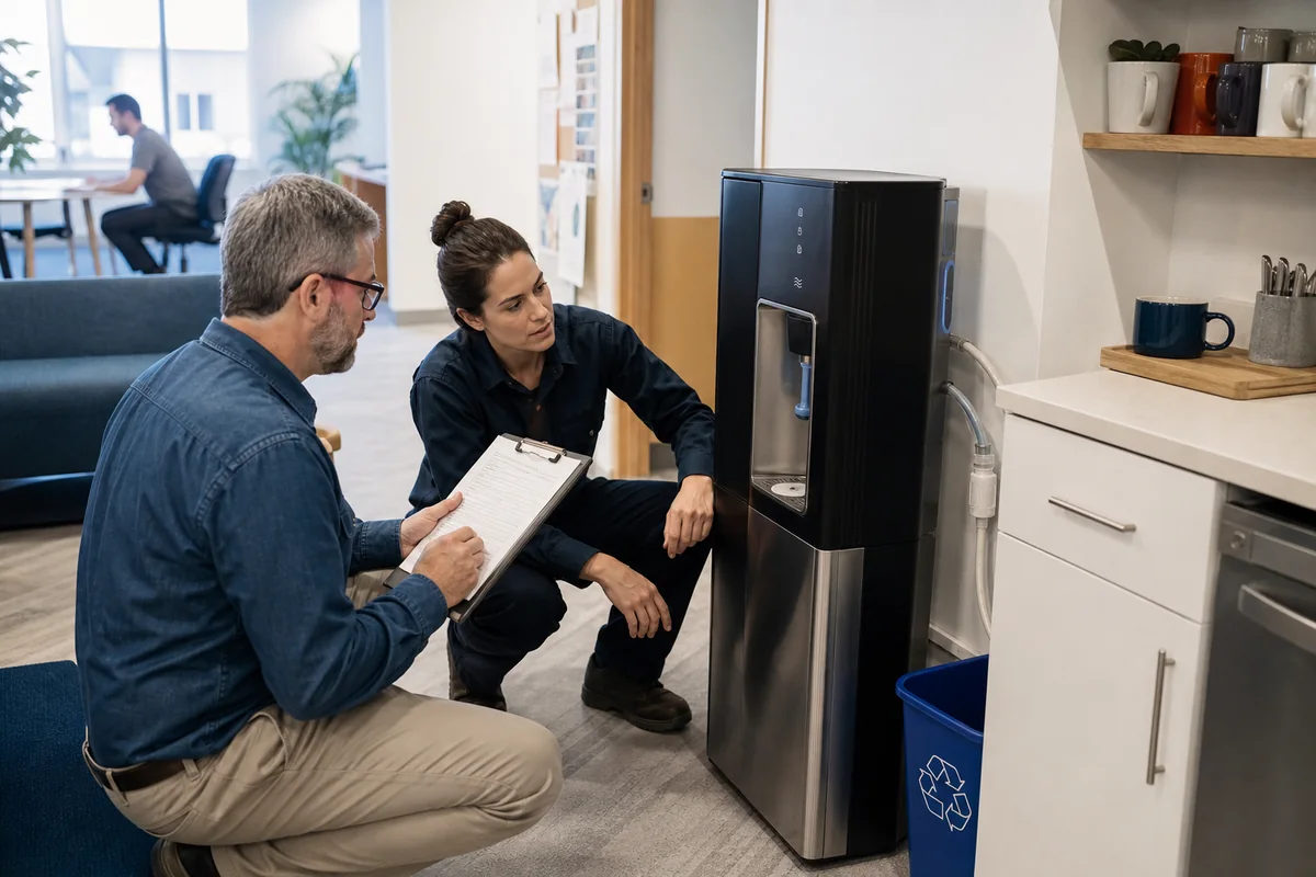 Facilities manager and technician evaluating a bottleless office water cooler