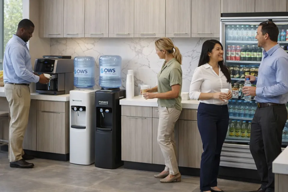 Office water delivery team handling commercial water bottles