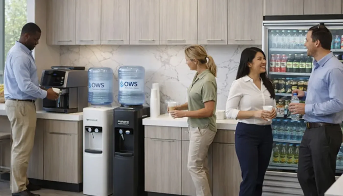 Fitness center members filling bottles at a water dispenser