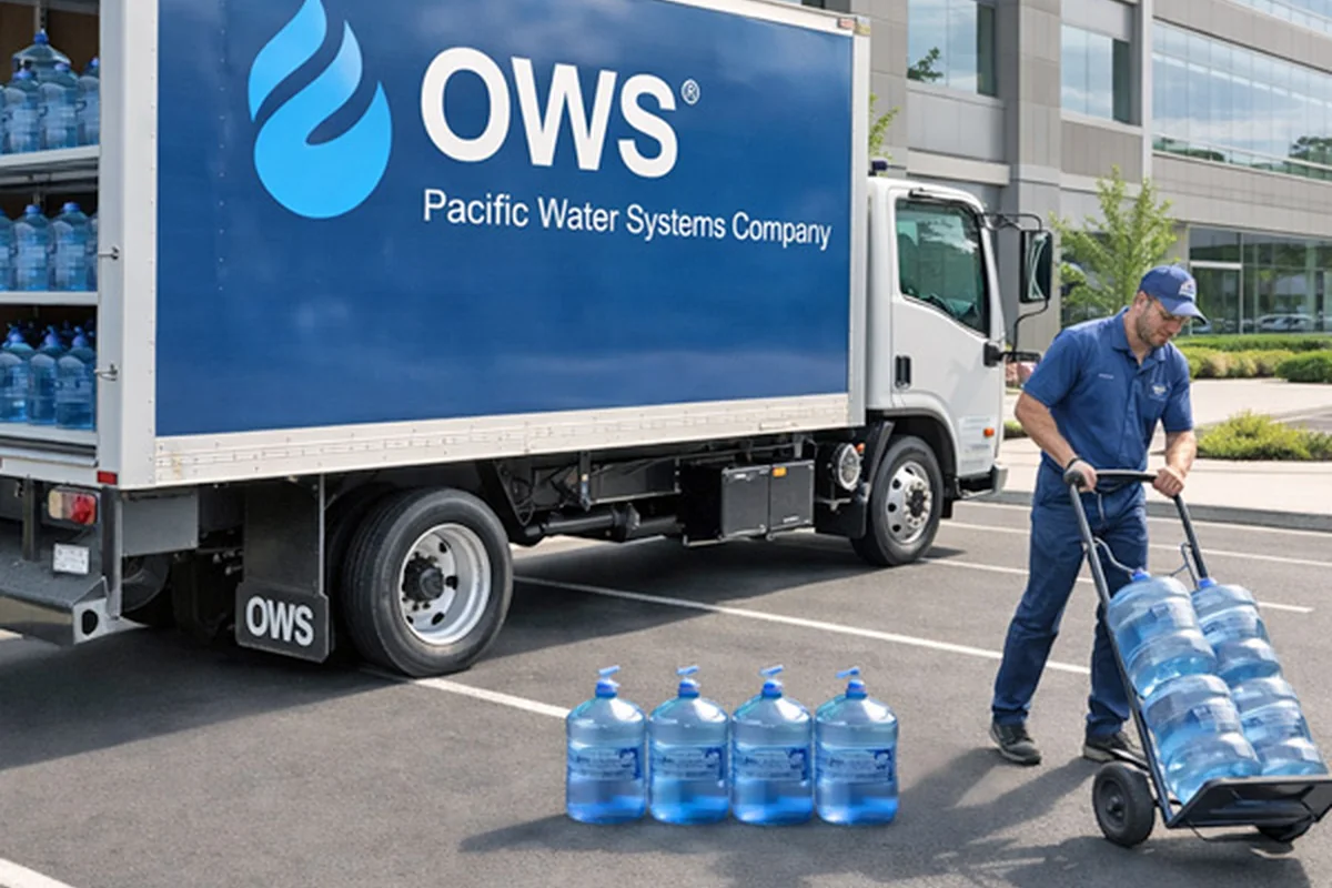 Water service staff maintaining commercial office water equipment