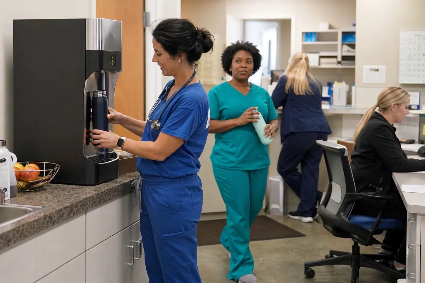 Medical practice staff using a bottleless water cooler in a working clinic break area