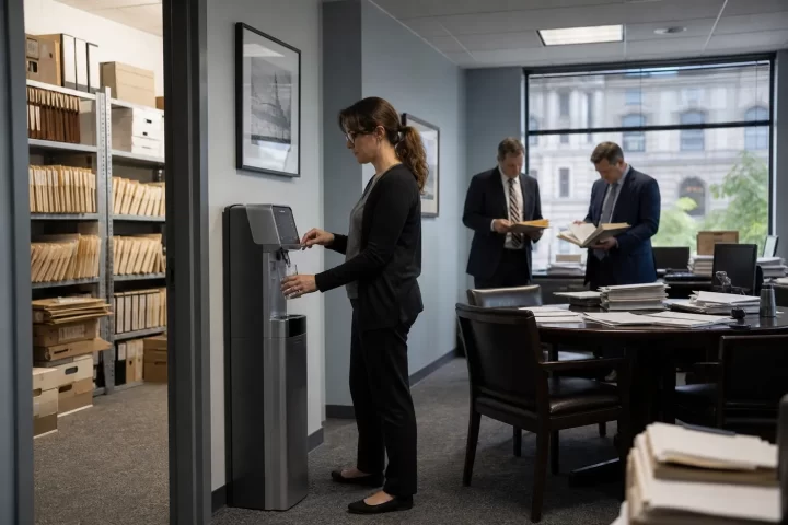 Paralegal using a bottleless water cooler in a busy professional law office