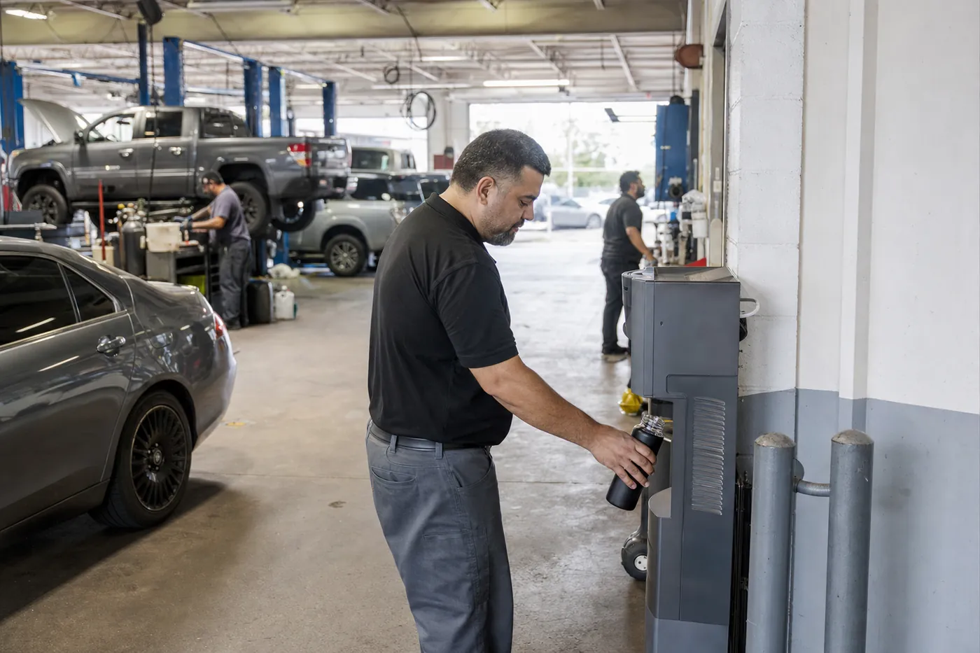 Service advisor using a commercial water cooler between an auto dealership service drive and repair shop