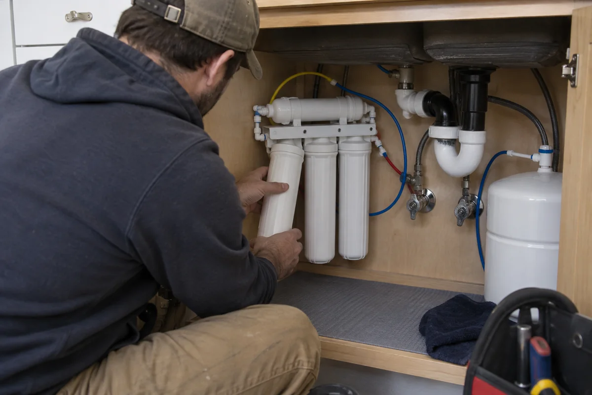 A technician checking reverse osmosis cartridges beneath a workplace water dispenser