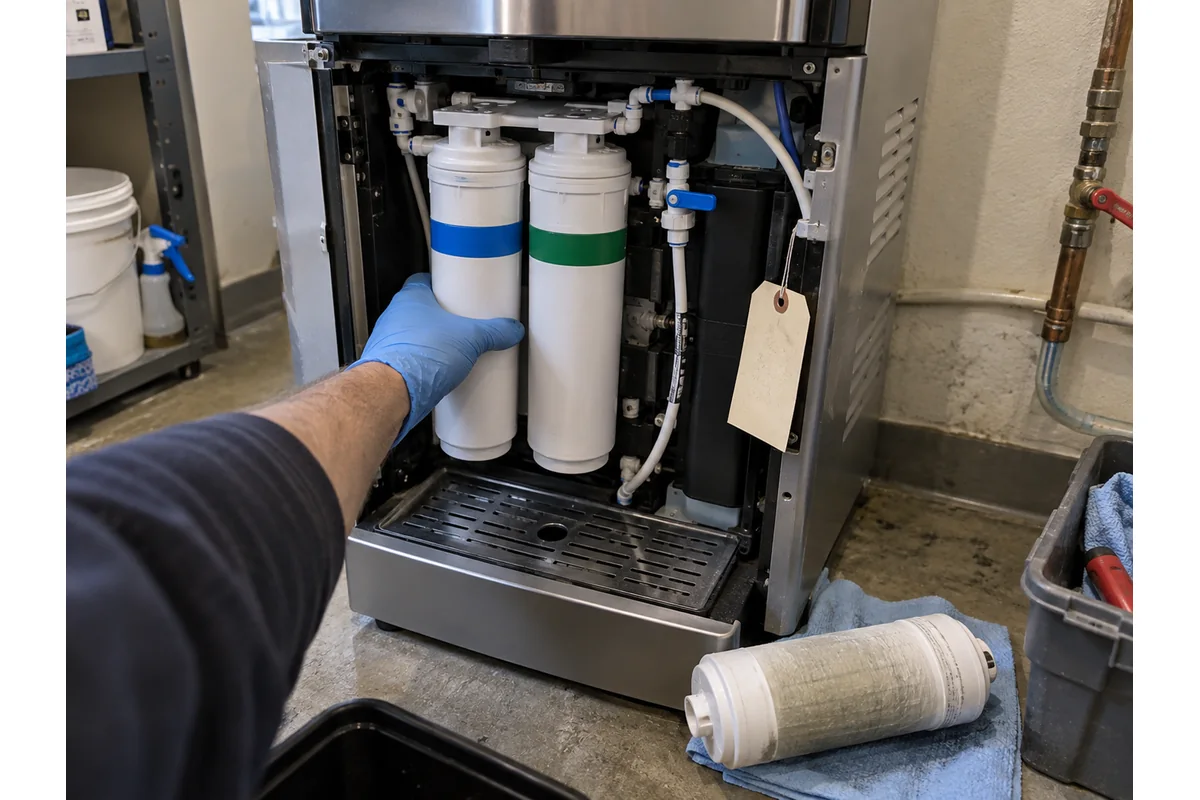 Technician replacing filters inside a bottleless office water cooler