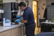 Technician sanitizing a bottleless water cooler in a staff break room