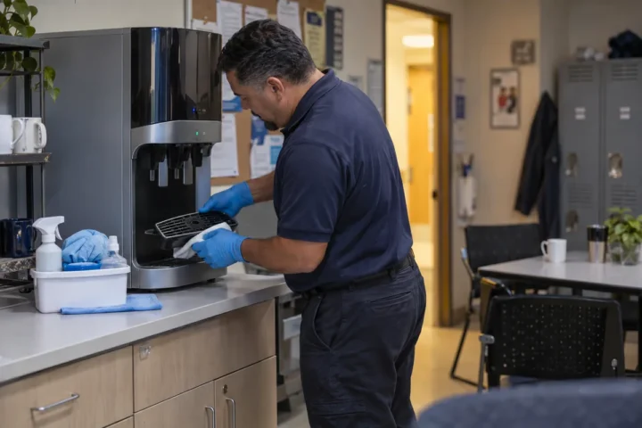 Technician sanitizing a bottleless water cooler in a staff break room