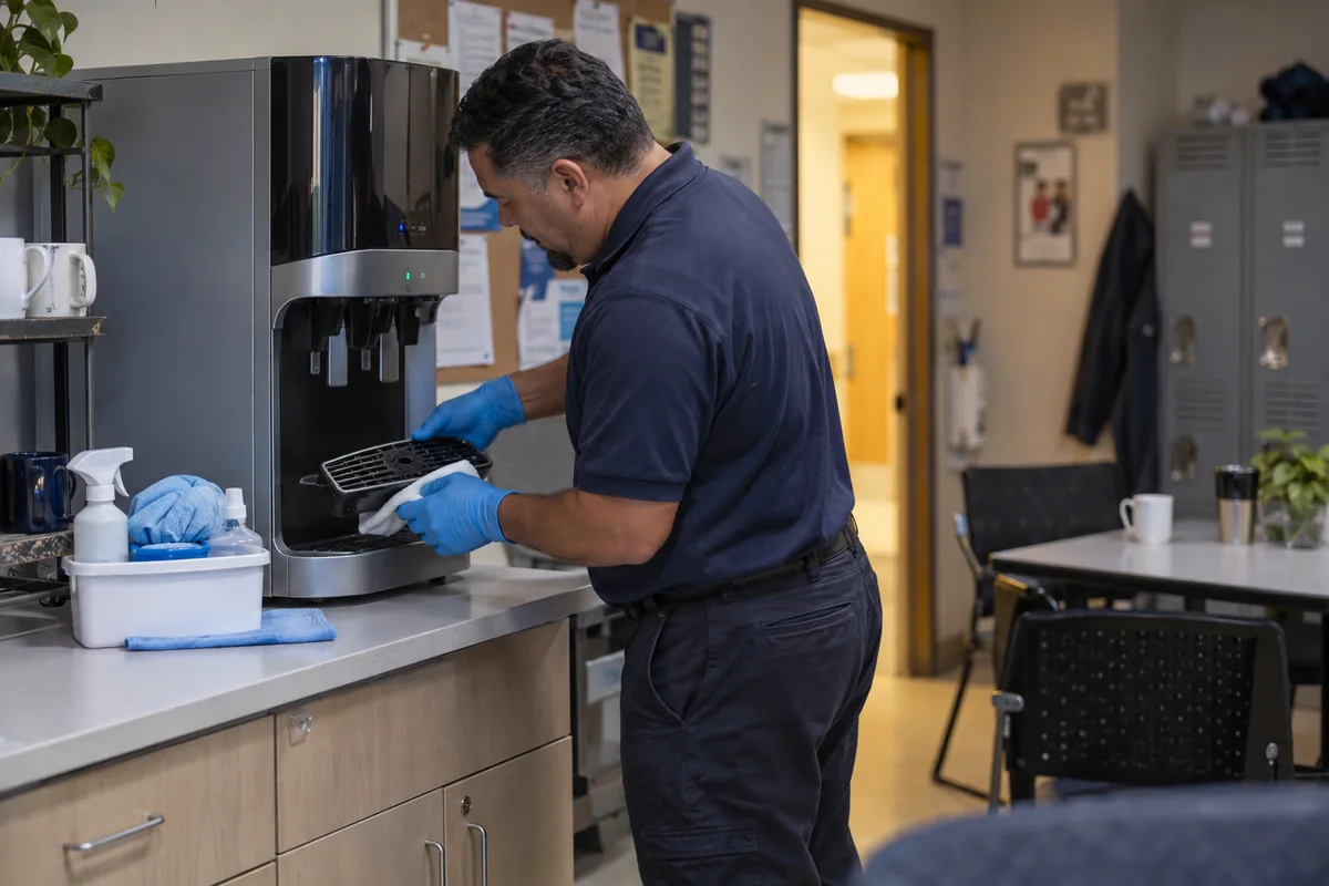 Technician sanitizing a bottleless water cooler in a staff break room