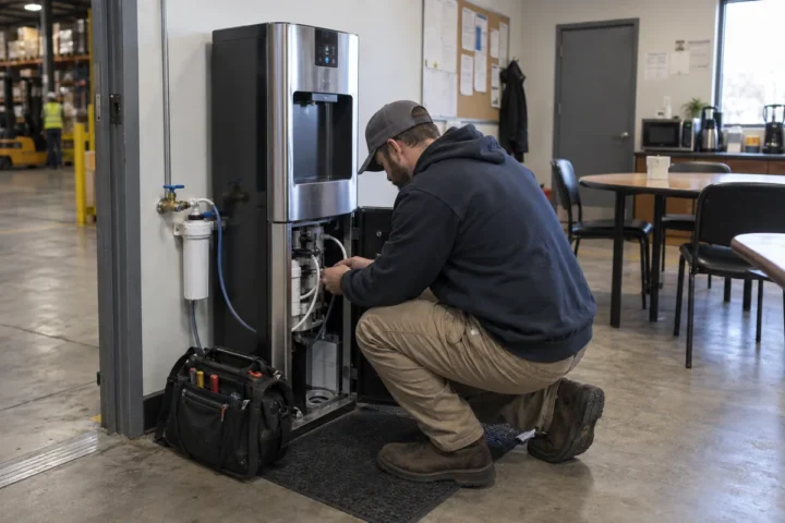Technician installing a bottleless water cooler in a workplace break area