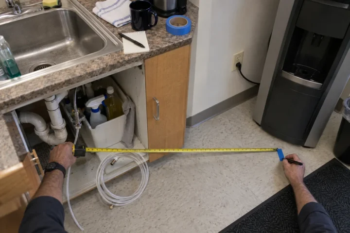 Facilities worker measuring a bottleless water cooler installation route