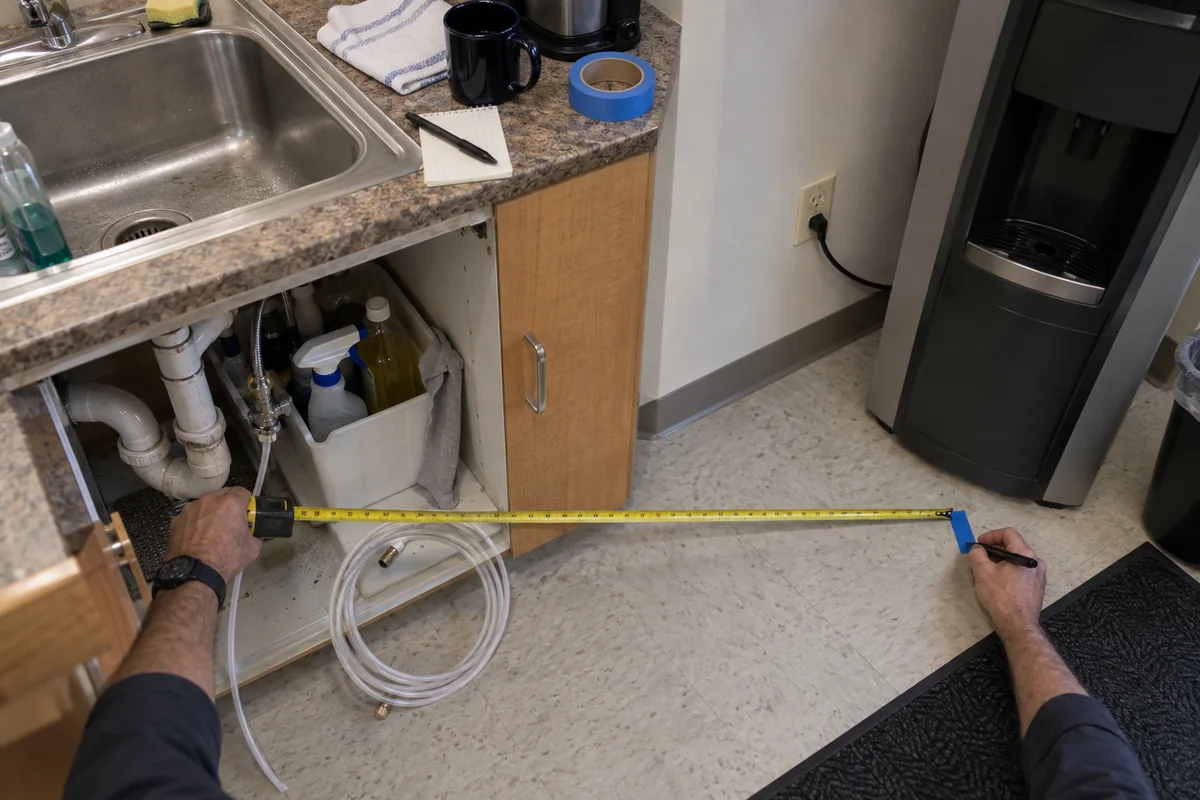 Facilities worker measuring a bottleless water cooler installation route