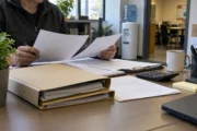 Office service paperwork on a facilities desk with a water cooler nearby