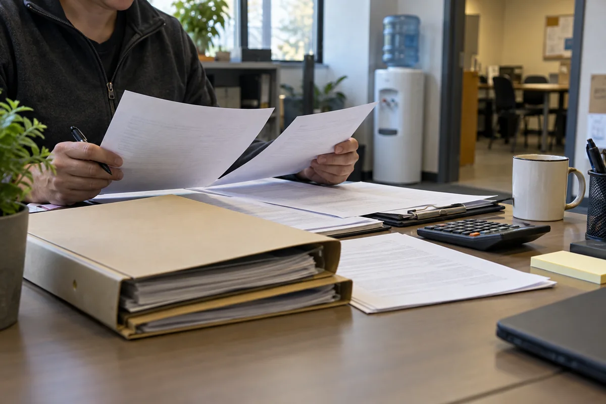 Office service paperwork on a facilities desk with a water cooler nearby