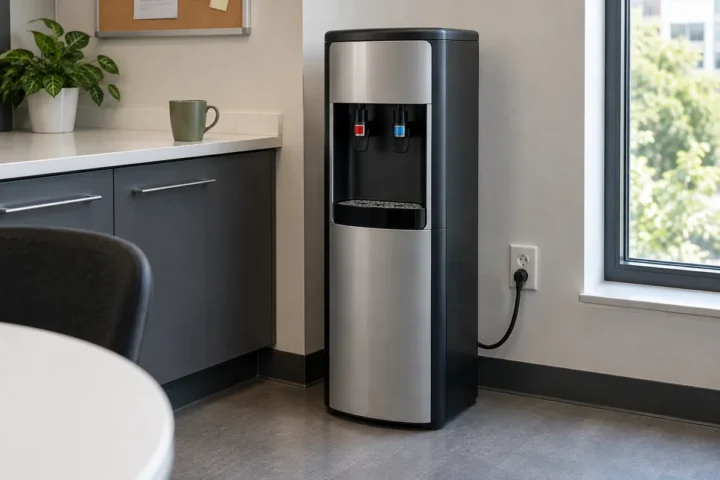 An ordinary office water cooler with a safely routed power cable