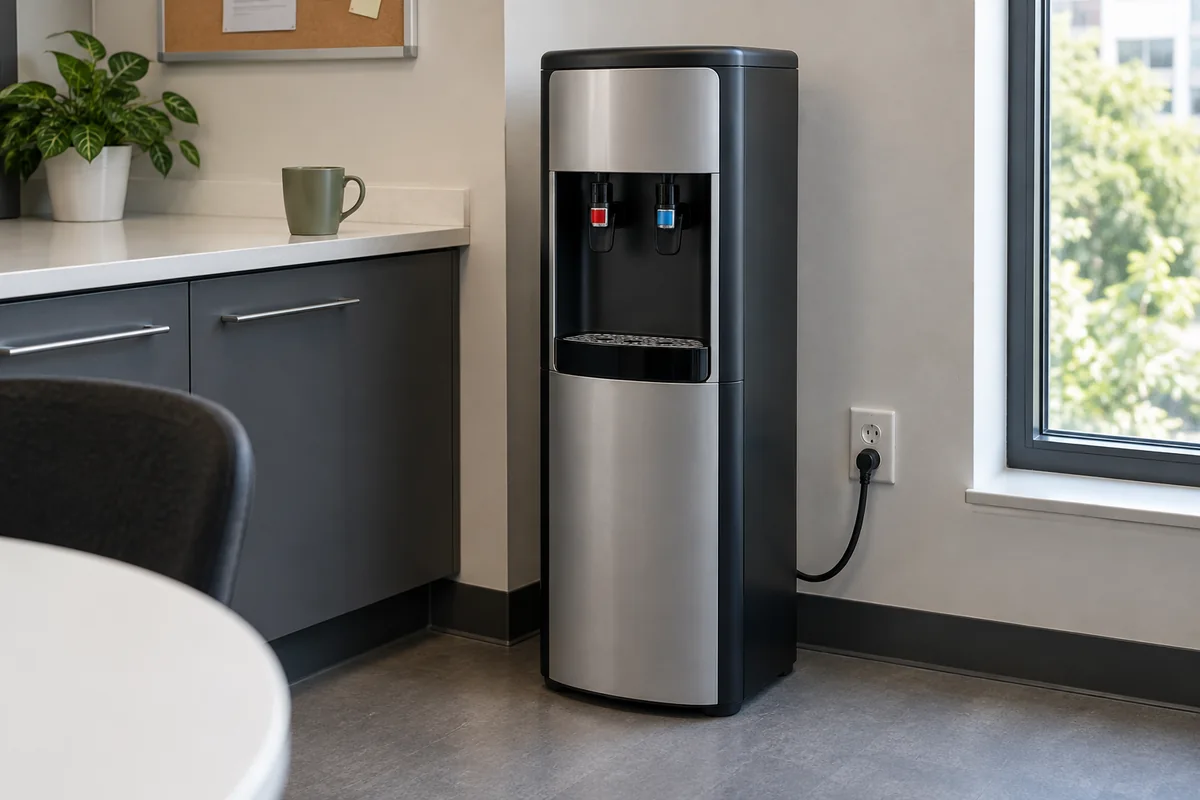 An ordinary office water cooler with a safely routed power cable