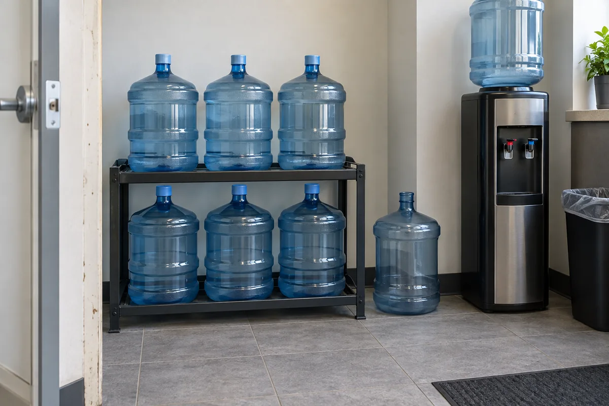 Capped water bottles stored neatly beside a breakroom cooler