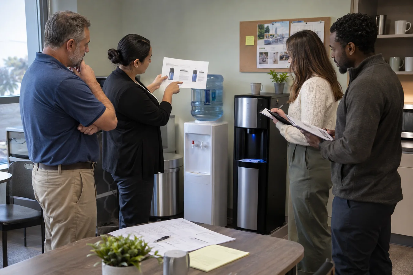Workplace team comparing office water service proposals beside equipment options