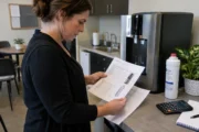 Office manager reviewing a water service invoice beside a bottleless cooler